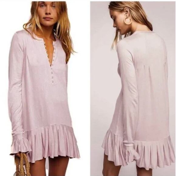 Free People Pink Long Sleeve Waffle Henley Knit Your Girl Tunic Dress S Small - Picture 1 of 10